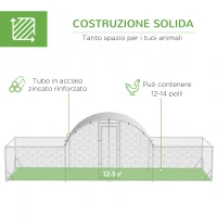 PawHut Pollaio da Giardino per 12-14 Galline in Acciaio Zincato e PE con Tettoia e Serratura, 660x190x195 cm(m-4)