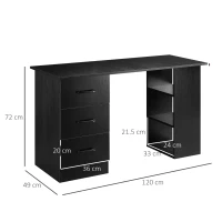 HOMCOM Scrivania Moderna in Legno con 3 Cassetti e 3 Ripiani per Camera e Ufficio, 120x49x72cm, Nero(m-3)