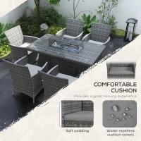 Outsunny 7 Pieces Outdoor Rattan Garden Furniture with Fire Pit Table, 6 Seater Garden Table and Chairs with Cushions, Rattan Dining Set with Propane Heater Table, Windscreen, 50,000 BTU, Grey(m-5)