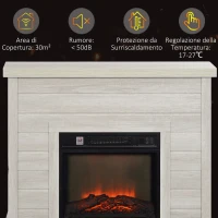 HOMCOM Camino Elettrico 1800W con Effetto Fiamma e Telecomando, in Legno, Metallo e Vetro, 96.5x22x81.7 cm, Grigio Chiaro(m-7)