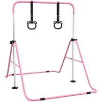 HOMCOM Adjustable Height, Foldable Kids Gymnastics Bar w/ Non-slip Rubber Floor Rings, for 3+ Years, Pink(m-11)