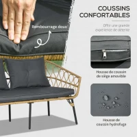 Outsunny Ensemble salon de jardin 4 pièces 7 coussins - acier et résine imitation rotin - sable et gris foncé(m-4)