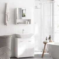 kleankin Armario de Baño con Espejo Mueble Auxiliar Montado en Pared con Estane Abierto y 2 Puertas con Balda Interior Ajustable 54x15x55 cm Blanco(m-2)