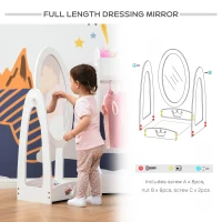 HOMCOM Free Standing Full Length Mirror, Child's Dressing Mirror with storage shelf, Children's White Bedroom Furniture 360° Rotation MDF, For 3- 8 Years Old, 40L x 30W x 104H cm(m-5)