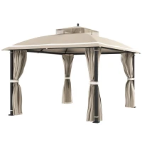 Outsunny Gazebo da Giardino 3.7 x 3 m con Zanzariera, Tende Laterali e Doppio Tetto, Beige(m-10)