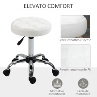 HOMCOM Sgabello Girevole Rotondo con Ruote, Altezza Regolabile e Rivestimento in Finta Pelle, Bianco(m-5)