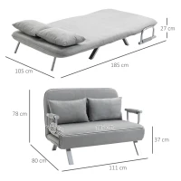 HOMCOM Canapé-lit 2 places, fauteuil convertible avec dossier réglable en 5 positions, chaise longue avec 2 coussins inclus, canapé en revêtement aspect suède déhoussable, 111x80x78cm, gris clair(m-3)