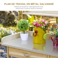 Outsunny Table de rempotage table de jardinage avec 2 étagères, tiroir, placard, plateau tôle acier galvanisé avec rebord, 3 crochets - table de plantation bois sapin(m-4)