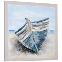 HOMCOM Hand-Painted Canvas Wall Art Blue Boat in the Beach, Wall Pictures for Living Room Bedroom Decor, 90 x 90 cm(m-1)