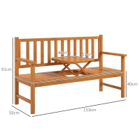 Outsunny Gartenbank Holzbank Outdoor-Bank, ausklappbarer Tisch, wetterbeständig, Massivholz, 153 cm x 56 cm x 91 cm,  Hellbraun(m-3)