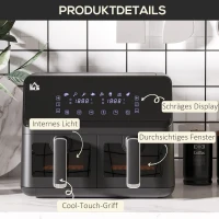 HOMCOM Heißluftfritteuse, 2 Frittierkörbe á 4 Liter, 8 Programme, Licht, Timer, 38,5 x 38 x 30,5 cm, Schwarz(m-7)