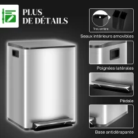 HOMCOM Poubelle de cuisine 2 compartiments de 2 x 20L, avec pédale, en acier inoxydable, couvercle à fermeture douce(m-7)