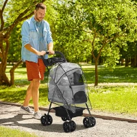 PawHut Dog Stroller with Rain Cover, Dog Pushchair One-Click Fold Trolley Jogger with EVA Wheels Brake Basket Adjustable Canopy Safety Leash for Small Dogs, Grey(m-10)