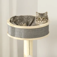 PawHut Árbol Rascador para Gatos Mediano Altura 91 cm Torre Escalador Gatos con Rueda para Ejercitar Cama Plataforma Cojines Poste de Sisal y Bolas de Juguete Gris y Crema(m-7)