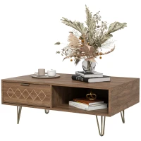 HOMCOM Tavolino da Caffè con 2 Ripiani Aperti e 2 Cassetti in Truciolato e Metallo, 95x62x36.5 cm(m-10)