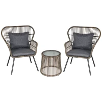 Outsunny 3 Pieces Rattan Bistro Set, Wicker Garden Furniture Set with Cushions, Glass Top Coffee Table and Chairs for Outdoor, Patio, Balcony, Grey(m-1)