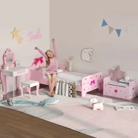 ZONEKIZ 4PCs Kids Bedroom Furniture Set with Bed, Toy Box Bench, Dressing Table and Stool, Princess Themed, for 3-6 Years Old, Pink(m-2)