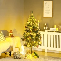 HOMCOM 5' Artificial Prelit Christmas Trees Holiday Décor with Warm White LED Lights, Decoration, Banner, Tag, Ball(m-10)