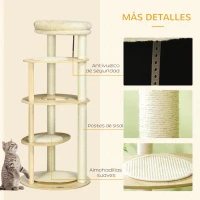PawHut Árbol Rascador para Gatos de Madera con Múltiples Plataformas Cama Desmontable y Cojines Ø54x123,5 cm Roble(m-5)