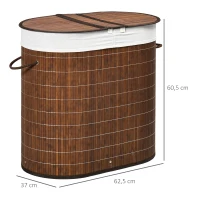 HOMCOM Cesto para Ropa Sucia de Bambú Capacidad de 100L Cesta para la Colada con 2 Compartimentos  62,5x37x60,5cm Marrón(m-3)
