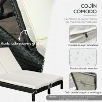 Outsunny Conjunto de Tumbona Exterior de Ratán 2 Plazas con Cojines Acolchados Resistente al Agua con Respaldo Regulable de 5 Niveles Soporta 220 kg 195x120x28 cm Negro(m-6)