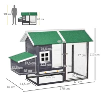 PawHut Gallinero de Madera Exterior Jaula Cercada para Gallinas con Caja Nido Corral de Metal Techo Asfáltico Bandeja Extraíble Ventana y Rampa 170x81x110 cm Gris(m-3)
