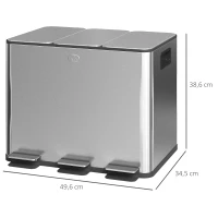 HOMCOM Papelera Cocina de Acero Inoxidable con 3 Compartimentos 3x10L con Pedales Tapas de Cierre Suave y Cubo Extraíble Plata(m-3)