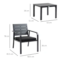 Outsunny Set da Giardino 3 Pezzi con Tavolino e 2 Sedie con Cuscini, Acciaio e Plastica, Grigio Scuro(m-3)