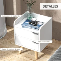 HOMCOM Mesa de Noche Multiusos Mesita Auxiliar para Sala de Estar o Dormitorio con 2 Cajones Espaciosos Patas Elevadas de Pino Diseño Moderno 33x28x42 cm Blanco(m-6)