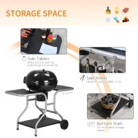 Outsunny Portable Charcoal Kettle Grill Outdoor Barbecue Trolley BBQ Heat Smoker Grilling with 2 Wheels, Storage Shelf and 4 Hooks, Free Standing, Black(m-6)