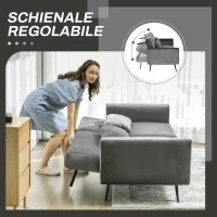 HOMCOM Divano Letto 3 Posti con Design Clic Clac e 2 Cuscini, in Tessuto Effetto Velluto, 206x81x83 cm, Grigio(m-6)