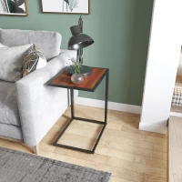 HOMCOM Mesita Auxiliar Pequeña Mesa para Sofá en Forma de C Estructura de Metal y Tablero de Madera MDF 40,6x50,8x64,2 cm Nogal(m-8)