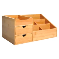 HOMCOM Organizador de Escritorio de Bambú Organizador de Mesa con 2 Cajones 6 Compartimentos y Estante para Oficina Hogar 33x20,5x15,5 cm Natural(m-10)