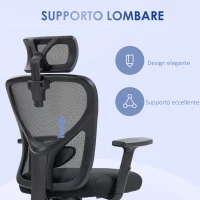 Vinsetto Sedia da Ufficio Ergonomica con Altezza Regolabile, Supporto Lombare e Poggiatesta, 66x61x106-116cm Nero(m-8)