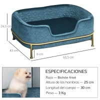 PawHut Sofá para Mascotas Tapizado en Terciopelo Cama para Perros y Gatos Pequeños con Cojín Suave Lavable Base de Metal y Bordes Elevados 63,5x43x24,5 cm Azul(m-3)
