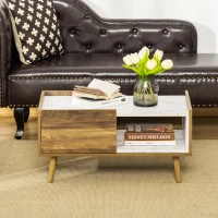 HOMCOM Mesa de Centro para Salón con Cajón y Estante Abierto Mesa de Café Industrial con Encimera de Mármol y Patas Elevadas de Madera 80x45x40,5 cm Marrón Rústico y Blanco(m-7)