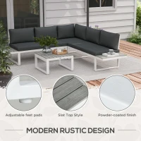 Outsunny 4 Pieces Garden Furniture Set, 5-Level Reclining Garden Corner Sofa Set, Outdoor Lounge Conversation Sectional with Cushions, Wood Effect Plastic Table, White Frame & Grey Cushion(m-7)