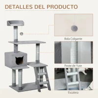 PawHut Árbol Rascador para Gatos Grande Altura 124 cm Torre de Escalada con Plataformas Escalera Cueva Postes de Yute y Bola Colgante Juego y Descanso 60,5x40x124 cm Gris(m-5)