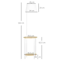 HOMCOM Lampadaire sur pied avec abat-jour en tissu 2 étagères rondes en bois interrupteur au pied hauteur 162 cm blanc(m-3)