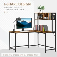 HOMCOM L Shaped Desk with Book Shelf, Industrial Corner Computer Desk, Writing Table with Steel Frame for Home Office, Bedroom, Study Room, 140 x 125cm, Brown(m-8)