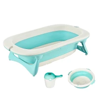 HOMCOM 3 in 1 Collapsible Baby Bath Tub Set Folding Kids Tub Wash Basin Shampoo Cup Non-Slip Support Leg for 0-3 Years, Green(m-11)