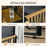 Outsunny Ensemble salon de jardin 4 pièces canapé 2 places 2 fauteuils et 1 table basse plateau verre trempé 3 coussins - gris(m-6)