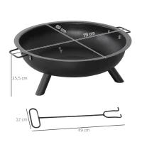 Outsunny Feuerschale mit Schürhaken Feuerkorb rund Feuerstelle für Garten Camping BBQ Stahl Schwarz 79 x 69 x 25,5 cm(m-3)