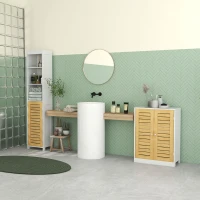 kleankin kleinkin Badezimmerschrank Badkommode, einstellbare Einlegeböden, Doppeltür aus Bambus, weiß+holzfarben, 60 x 30 x 80cm(m-9)