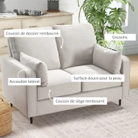 HOMCOM Canapé 2 places style contemporain avec 2 coussins supplémentaires piètement acier noir revêtement aspect velours beige(m-5)