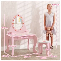 AIYAPLAY Kids Dressing Table Set, Vanity Table with Stool, Mirror, Drawer, Desktop, Storage, Strawberry-Theme, Pink(m-3)