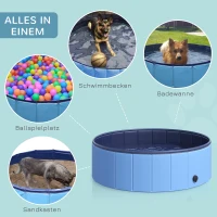PawHut Hundebadewanne faltbar Badewanne Hundepool Plantschbecken Swimmingpool Wasserbecken für Hunde und Katzen Schwimmbecken Kunststoff+Holz Blau Ø100 x H30 cm(m-4)