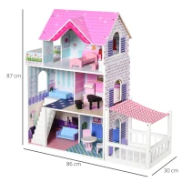 HOMCOM Casa delle Bambole in Legno, Casetta delle Bambole per Bambini a 3 Piani con 13 Accessori, Giocattolo per Bambini 3+ Anni(m-3)