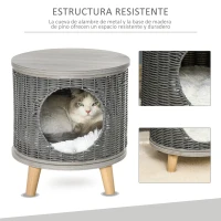 PawHut Cueva para Gatos de Ratán Ø36x40,5 cm Cesta para Gatos Rolliza con Cojín Lavable Plataforma y Patas de Madera de Pino Extraíble Gris(m-6)