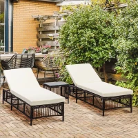 Outsunny Conjunto de 2 Tumbonas de Ratán con Mesa de Centro Respaldo Ajustable en 5 Niveles y Cojines 196x54x32 cm Marrón(m-2)